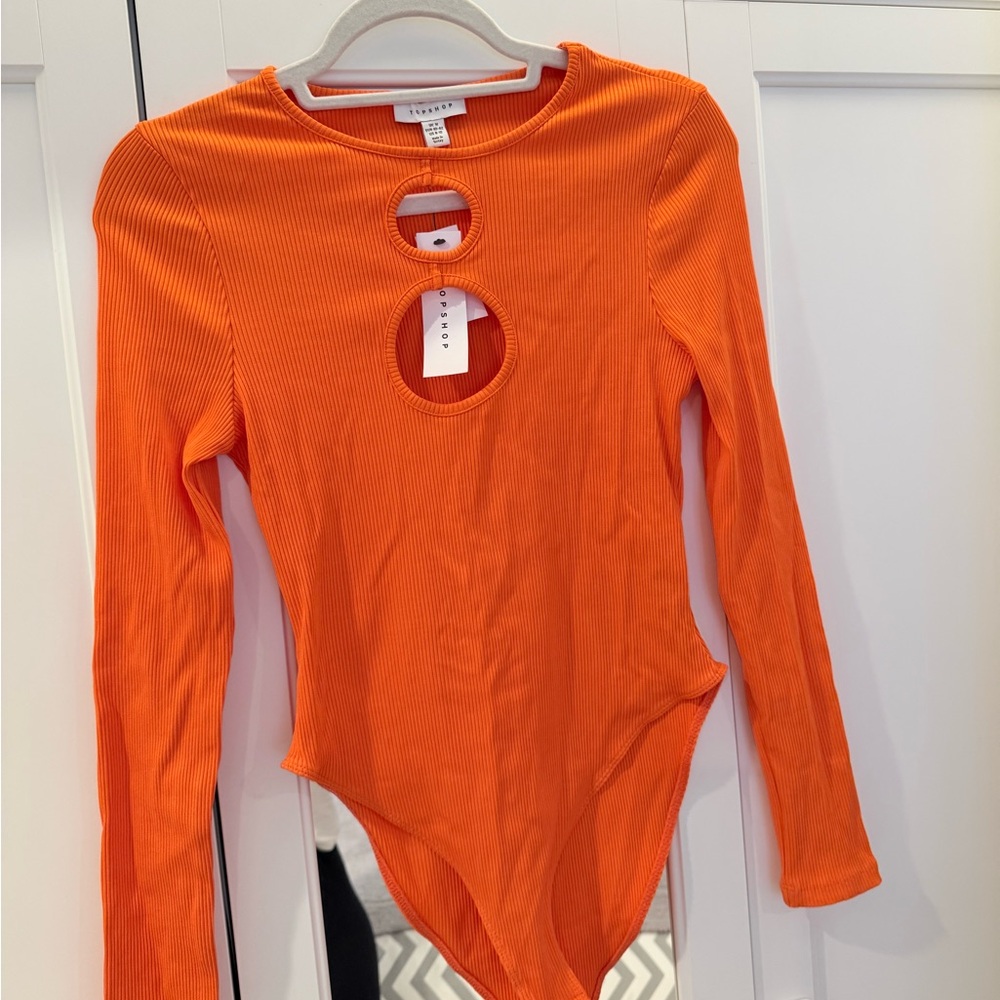 Topshop NWT Orange Ribbed Long-Sleeve Cutout Bodysuit